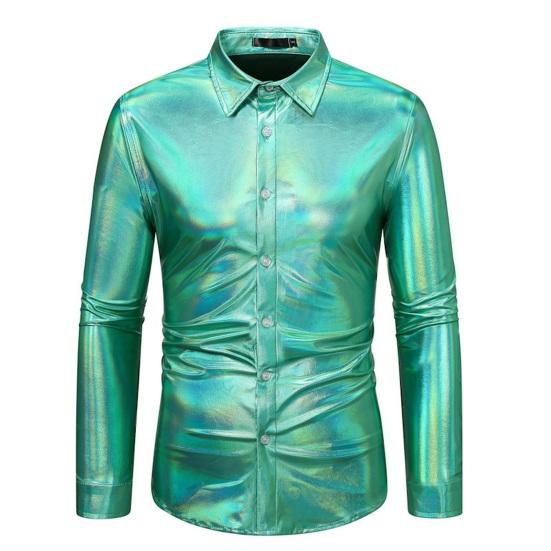 Men Disco Shirt Shiny Golden Sequin Metallic Dress Shirt Lapel Long Sleeve