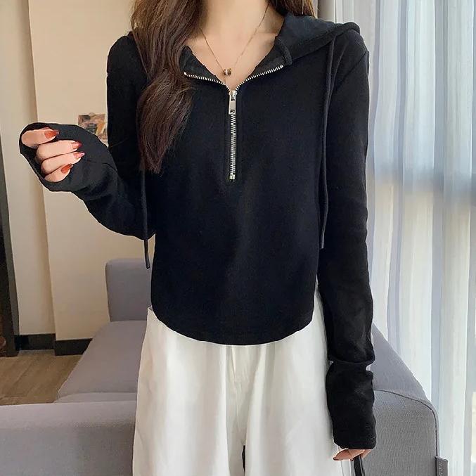 

Укороченный свитшот с капюшоном в корейском стиле, женский весенне-осенний новый дизайн, чувственный нишевый топ на тонкой молнии с длинными рукавами XL чёрный