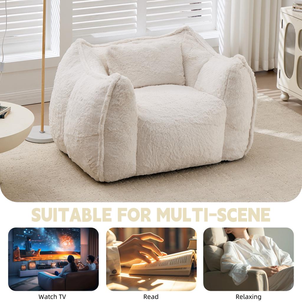 Giant Bean Bag Chair with pillow, Comfy Large Bean Bag Chairs for Adults and Kids, Faux Fur Floor Sofa for Living Room Bedroom Apartment, Beige
