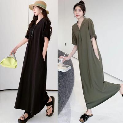 Retro Hepburn Style Plus Size Zipper Dress - Solid Color, Loose Fit Long Dress for Women