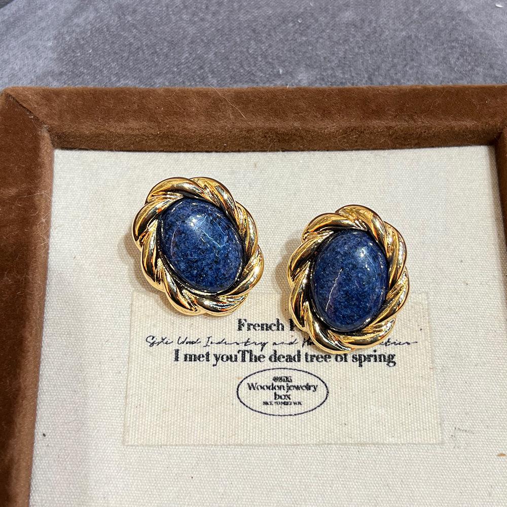 Electroplated Dumb Gold Retro Earrings Premium Sense French Natural Lapis Lazuli Water Drop Earrings