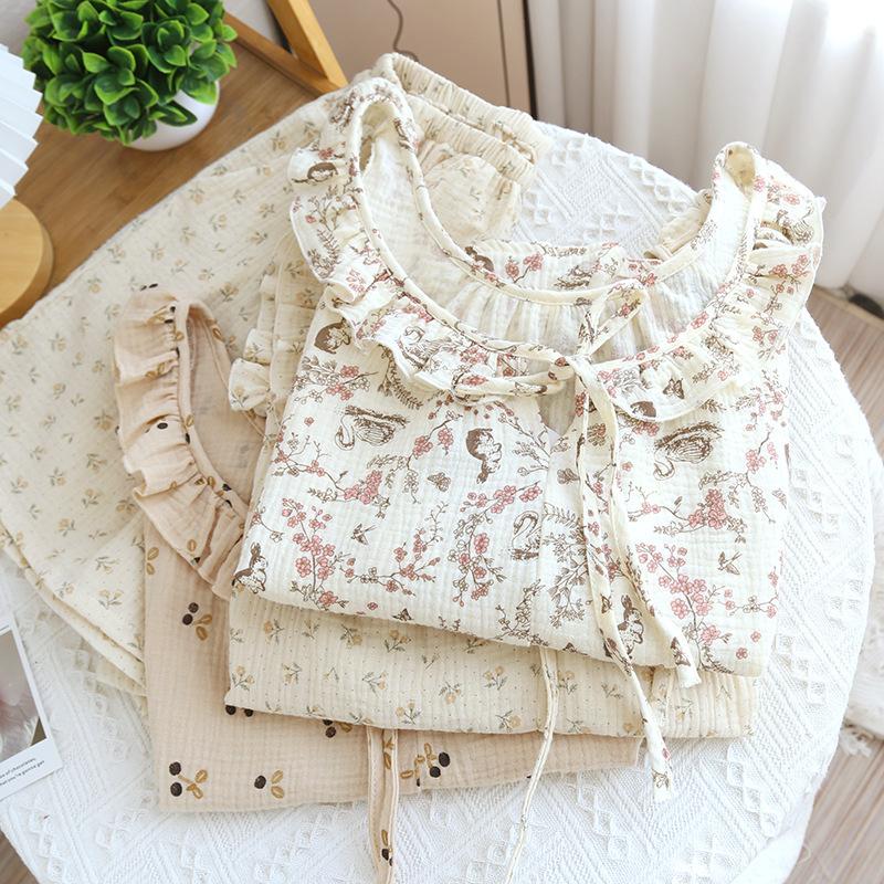 Spring and summer new loungewear pure cotton gauze Korean version floral series suspender shorts set breathable loose pajamas
