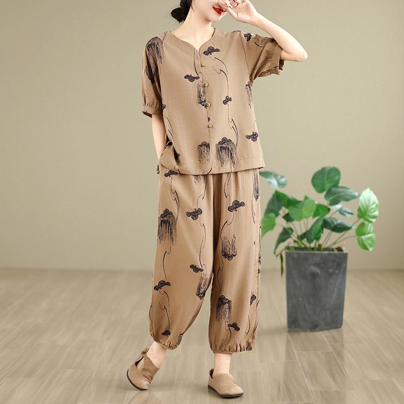 2026 Ethnic Style Tencel Linen Embroidery Women's Plus Size Summer Suit: Loose Slimming T-shirt + Pants Set