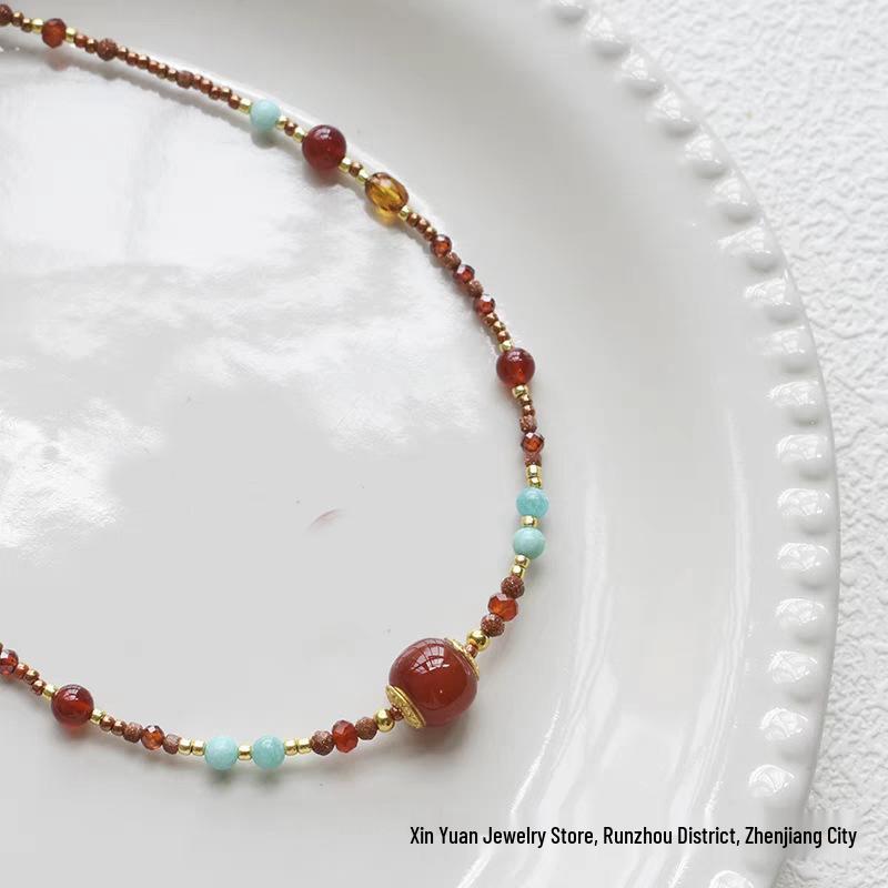 

Chinese Ethnic Nanhong Agate & Turquoise Beaded Necklace with Natural Transfer Bead Clavicle Chain for Women 925 Silver