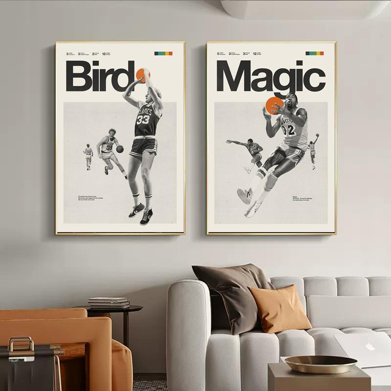 Magic Johnson & Larry Bird Inspired Poster Basketball Sports Canvas Painting Medieval Black and White Pictures Office Room Decor