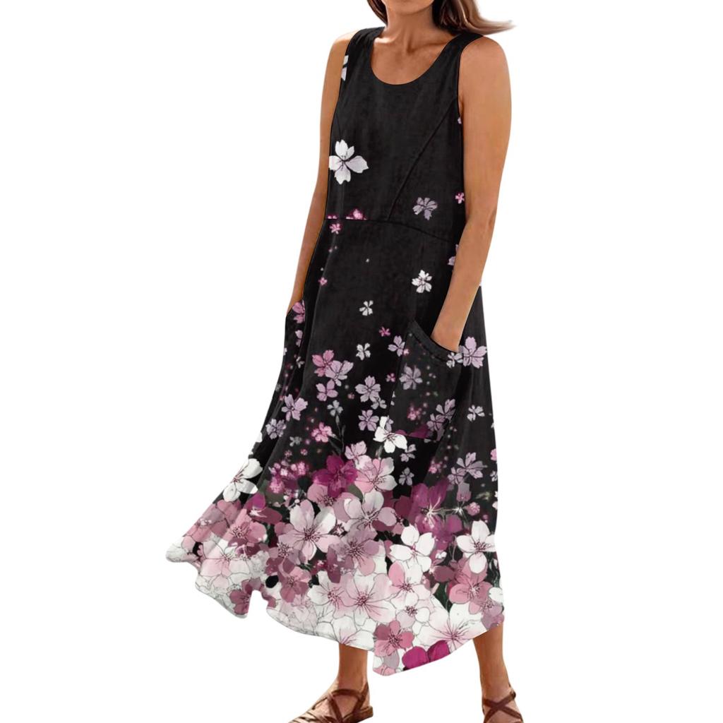 Women's Summer Casual Fashion Flower Printed Sleeveless Pocket Dress