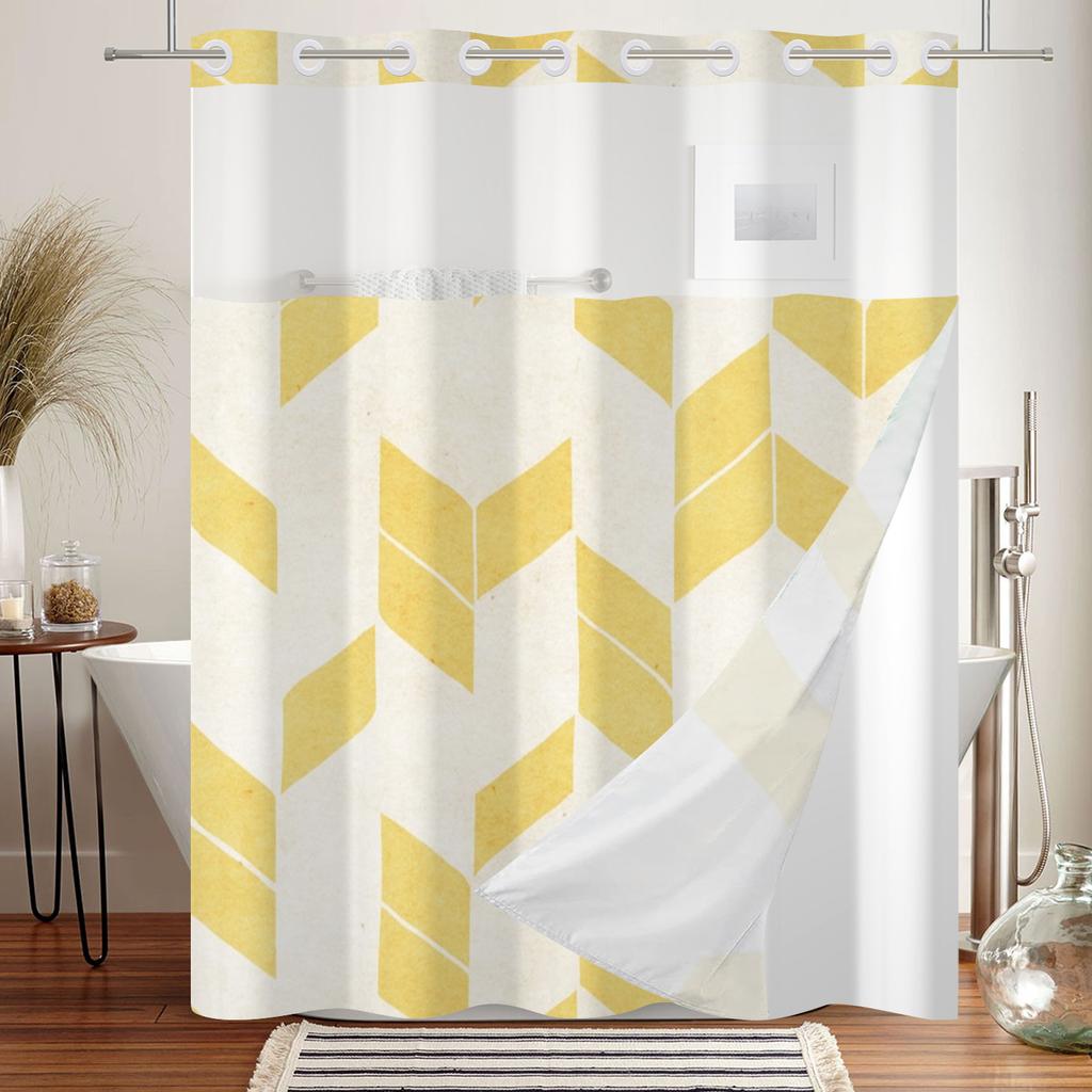 Hookless Double Layer Shower Curtain Geometric Pattern Printed Removable Lined Bathtub Waterproof Bathroom Curtains Decoration