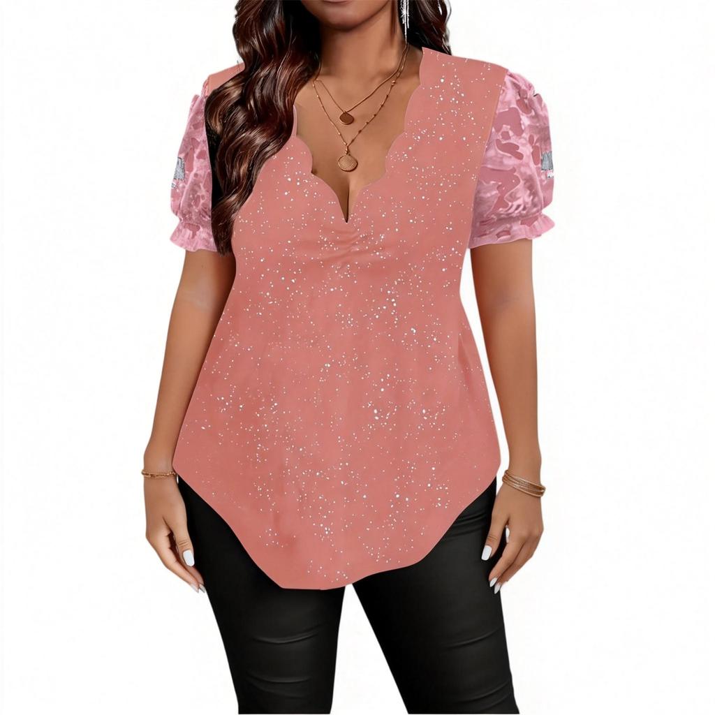 Women's Fashion Casual Lace Trim V Neck Plus Size Short Sleeve Top