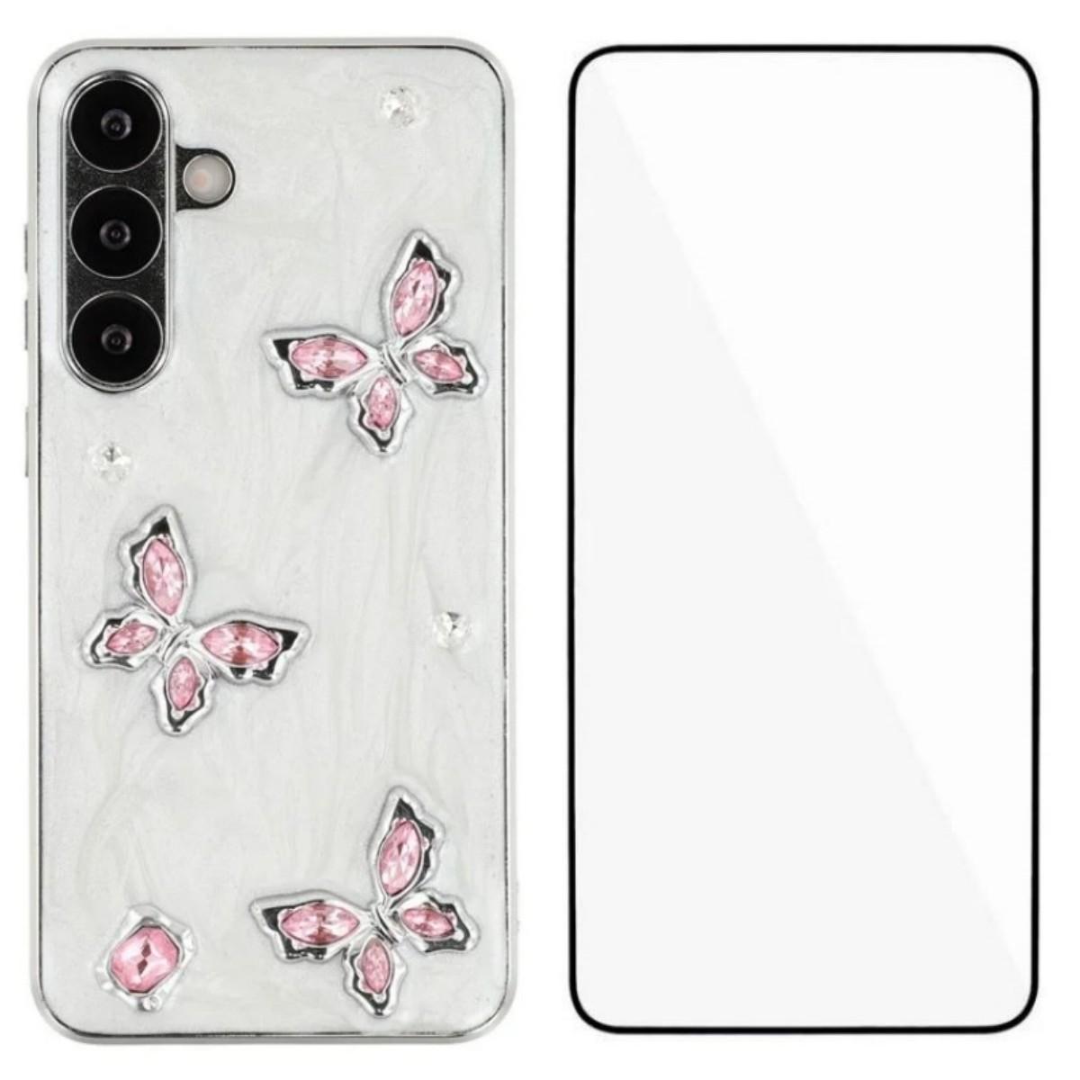 

Чехол для Samsung Galaxy S25+ WANLONFENG Гальванизированный Эпоксидный ТПУ+Акриловый Чехол для Телефона с Закаленным Стеклом Pink Butterfly