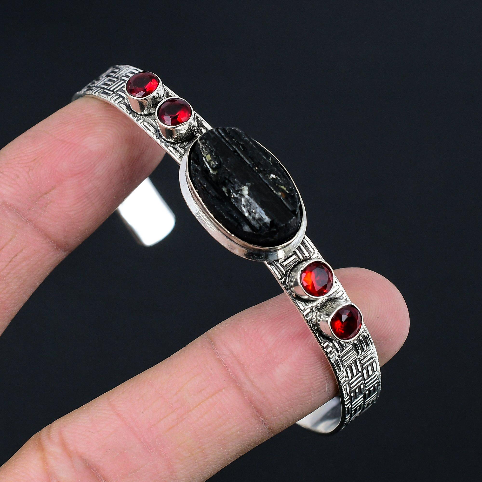 

925 Sterling Silver Oval Black Tourmaline Rough Gemstone Garnet Daughter Bangle Adjustable