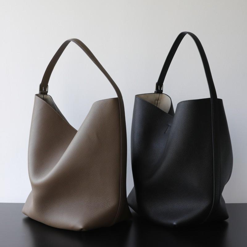 Minimalist Leather Bucket Tote Bag Women Top-Grain Cowhide Casual Shoulder Handbag With Hook Urban Chic Style