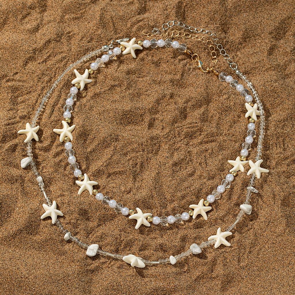 Women's Double-Layer Starfish Necklace with Pearl Beaded Choker, Niche Design Clavicle Chain for Seaside Vacation Style