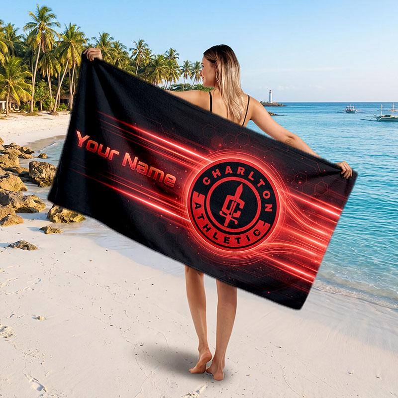 Charlton Athletic Custom Beach Towel, Personalized Name Text Print, Football Logo Soft Quick‑Dry Towel Holiday Gift