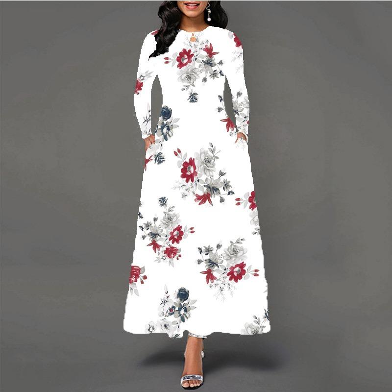 Women's large-size dress digital printing long-sleeved pendulum D temperament elegant