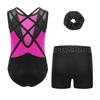 Girls Dance Gymnastics Outfit Sleeveless Crisscross Back Shiny Rhinestones Color Block Metallic Leotard Elastic Waistband Short