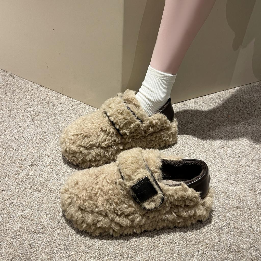 Lamb casual high-end fluffy shoes children's 2025 autumn and winter new outer wear thick-soled one-pedal Doudou cotton shoes