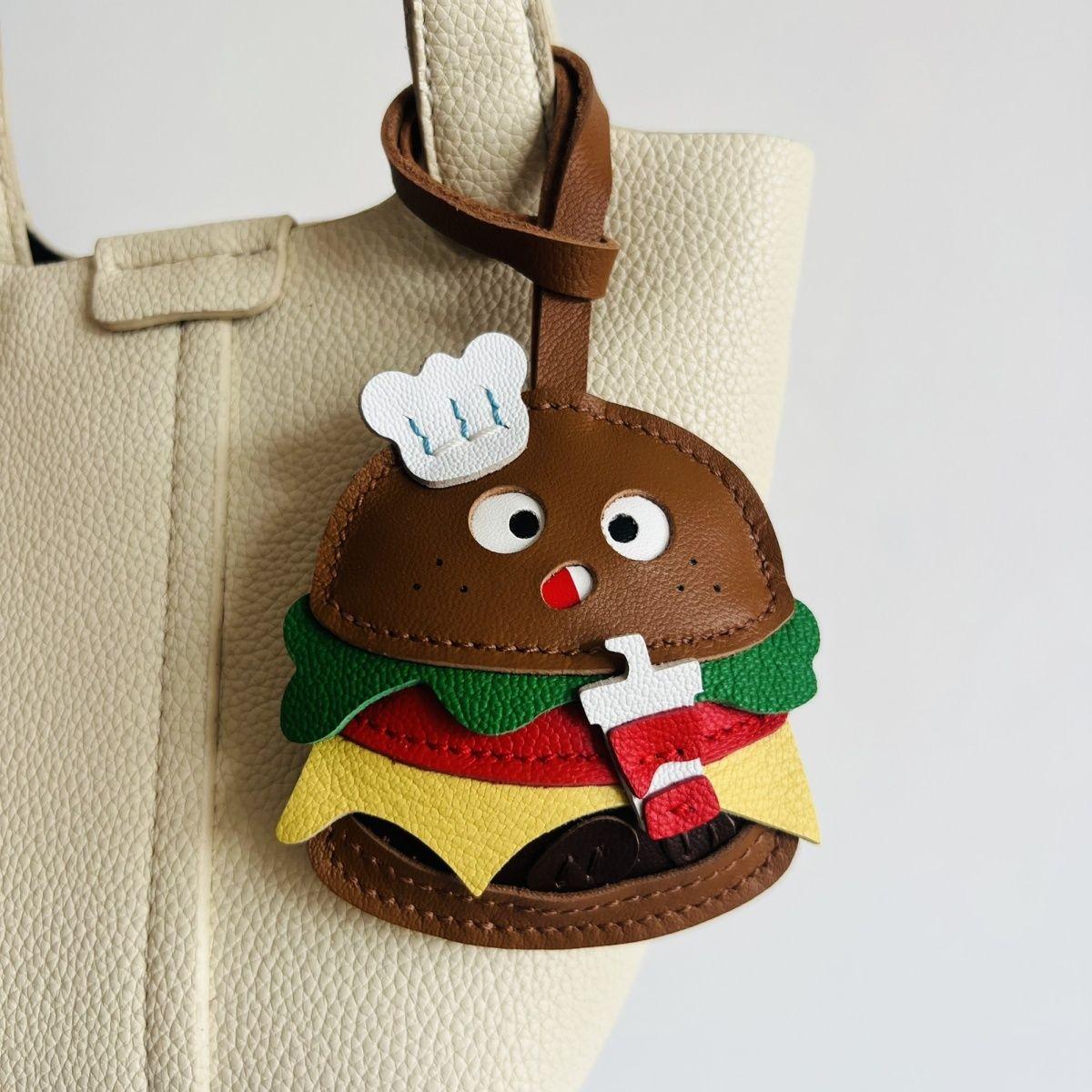 

Keychain bag pendant made of genuine leather, cute hamburger, delicate accessory, gift for couples