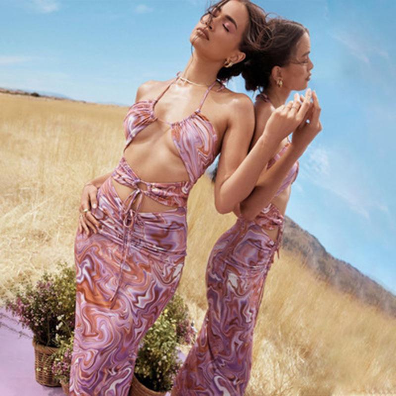 

European and American summer explosive women s clothing neck halter strap-on printed dress S розовый