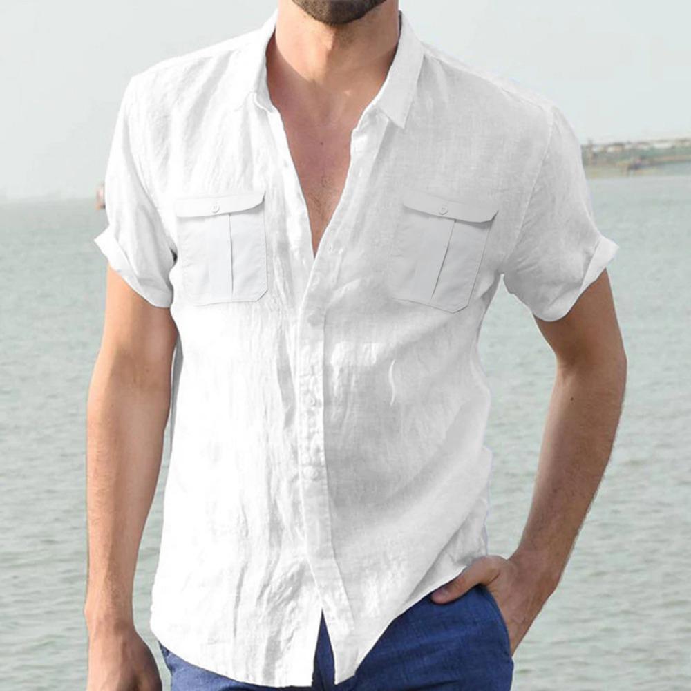 Men's Cotton Linen Shirts for Men Short Sleeve Beach Summer Casual Loose Shirt Turn Down Collar Streetwear Men