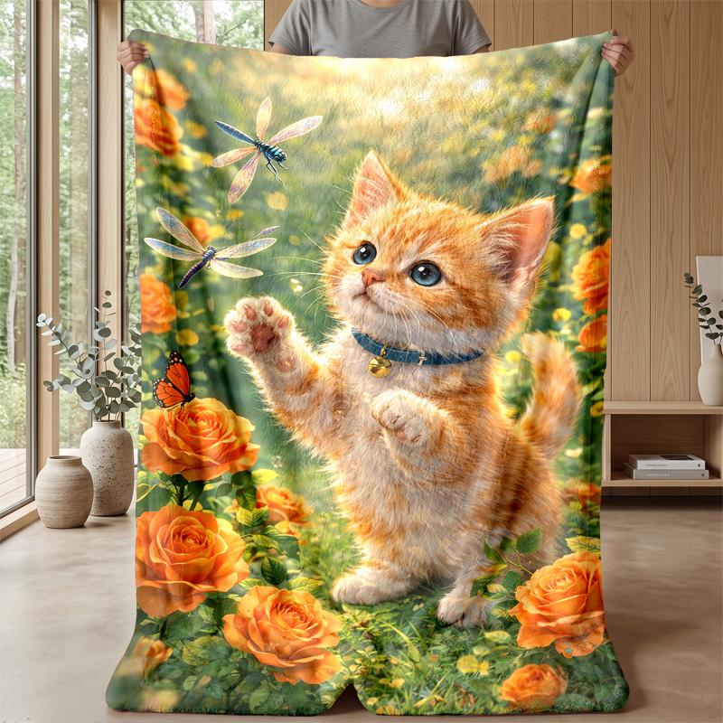 Cute Kitten with Dragonflies blanket Personalized Name Flannel Blanket Soft Cozy Plush Throw for Sofa Bed Lightweight Home Decor