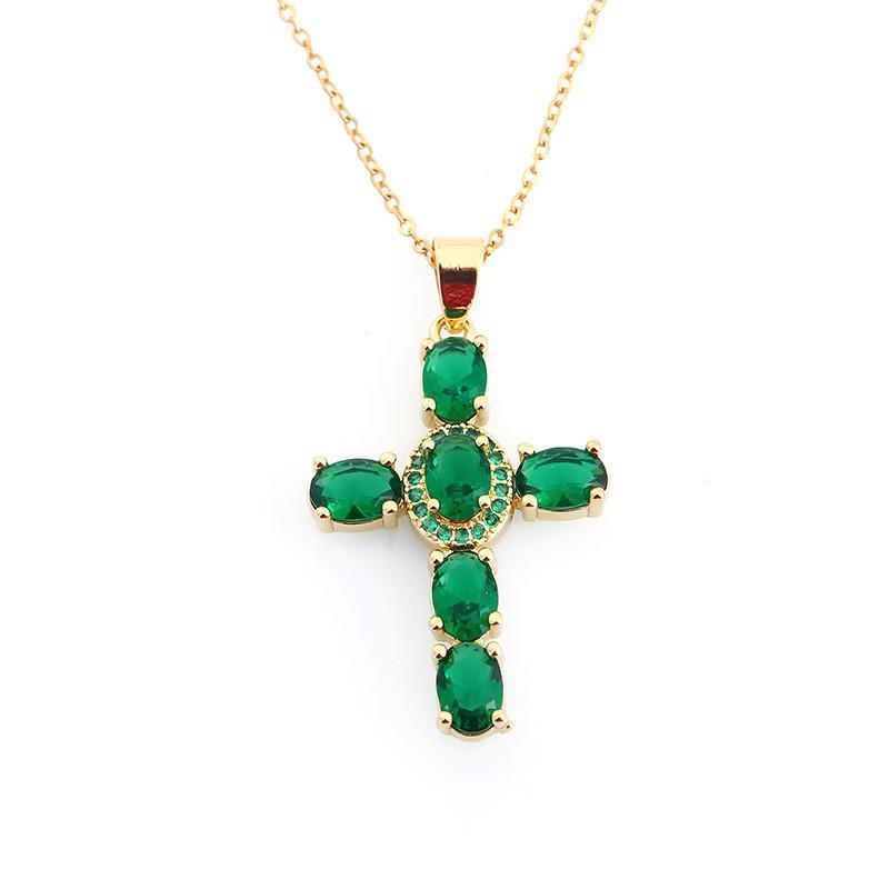 Gold-Plated Multi-Color Zirconia Cross Necklace with Full Diamond Design