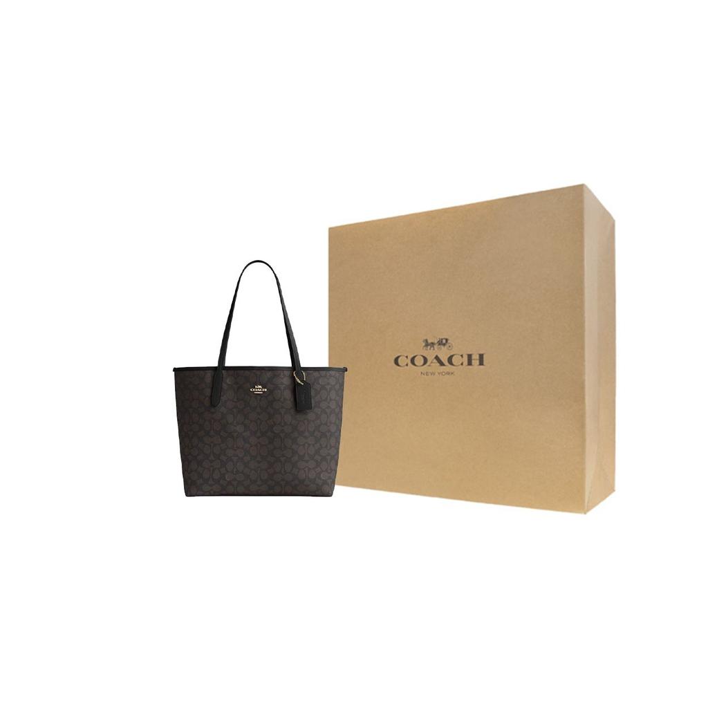 Coach City 33 Logo Plaque Magnetic Closure Tote Bag Women tote Black Brown CV976-IMXAQ