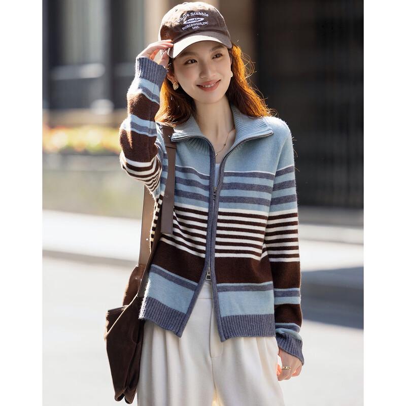 Demana Women's Relaxed Retro Striped Ribbed Knit Cardigan