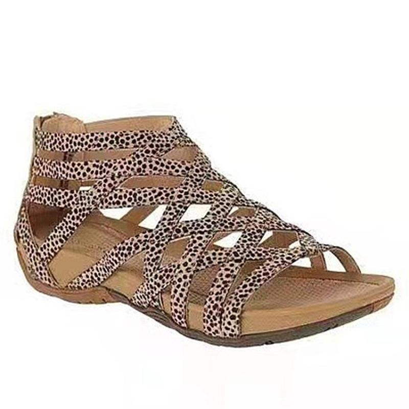 Summer Women Sandals Round Toe Hollow Wedges Sandals Casual Closed Toe Flat Rome Sandals Plus Size Leopard Sandalswer4