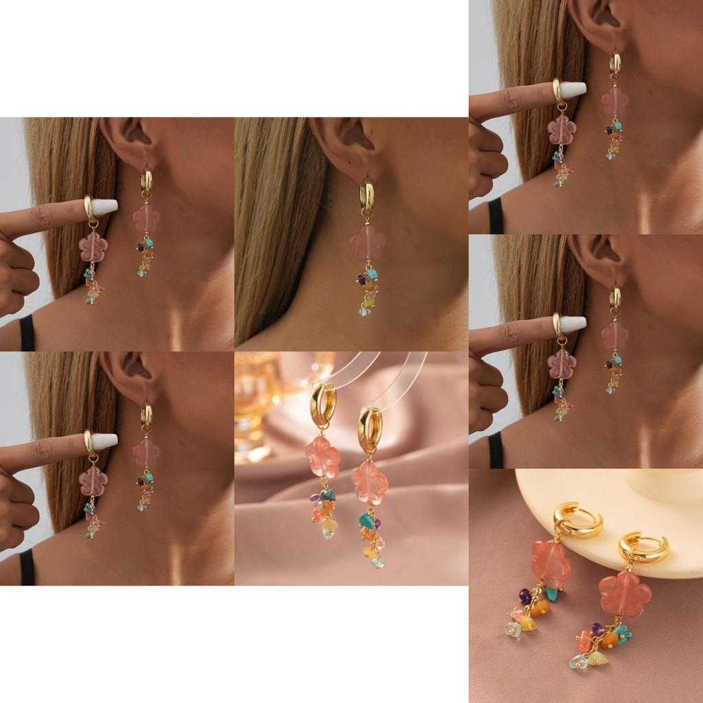 Fashionable Gold Chain Tassel Earrings With Natural Stone For Ladies