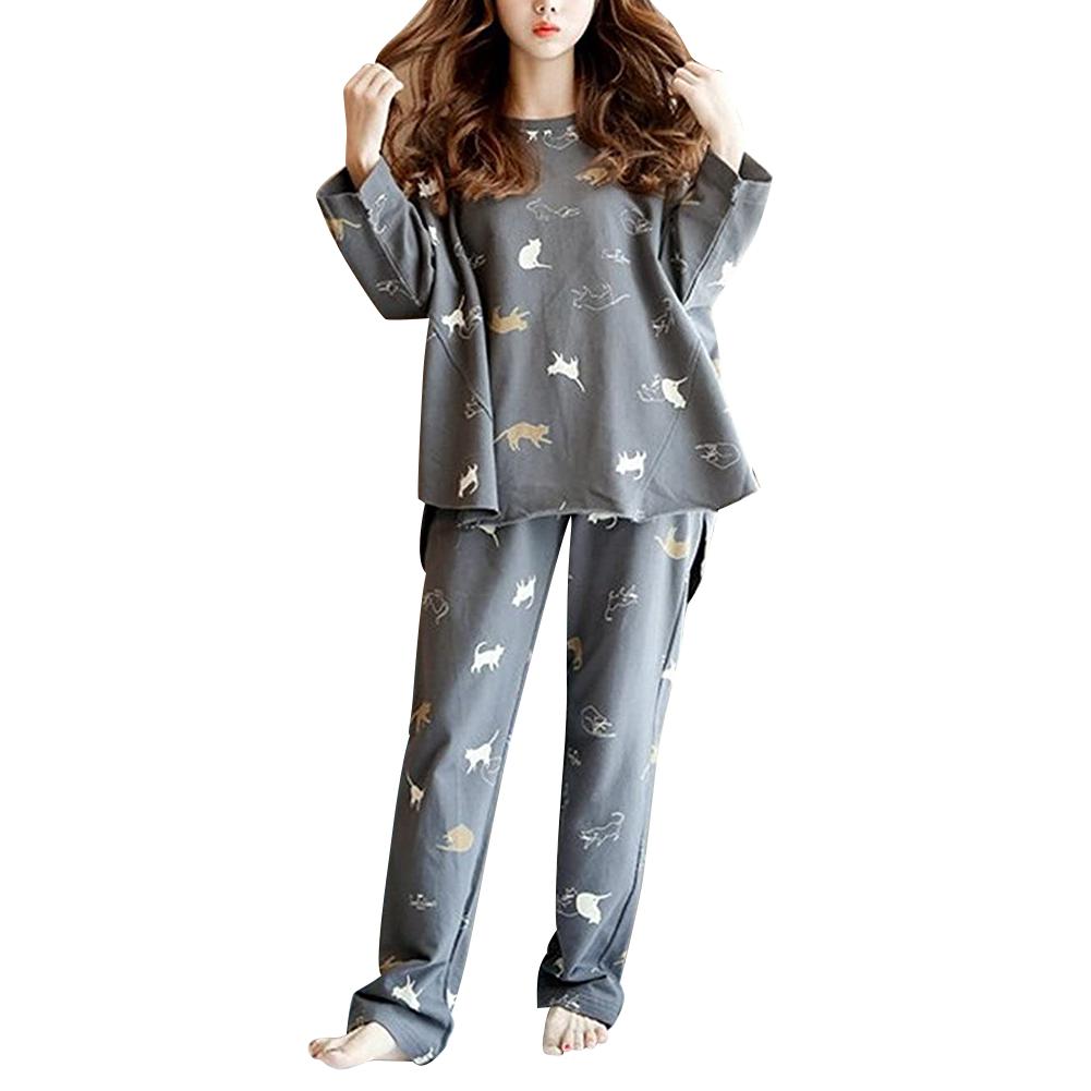 Women's Pajamas Top and Bottom Set Room Wear Room Wear Cat Pattern Long Sleeve Cotton Cute Elegant Soft