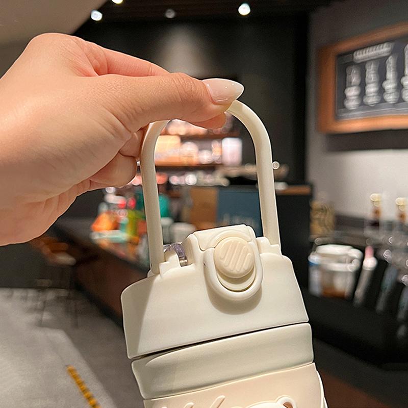 450 ml süßer Bär, Doppel-Trink-Thermoskanne, Kaffeebecher mit Strohhalm, tragbarer Edelstahlbecher, isolierte Becherflasche für Kinder und Mädchen