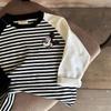 Kids Cotton Embroidered Raglan Stripe T Shirt Boys Girls Korean Casual Base Layer Top