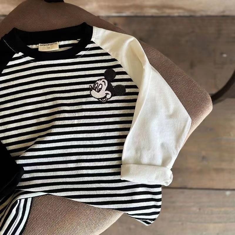 Kids Cotton Embroidered Raglan Stripe T Shirt Boys Girls Korean Casual Base Layer Top