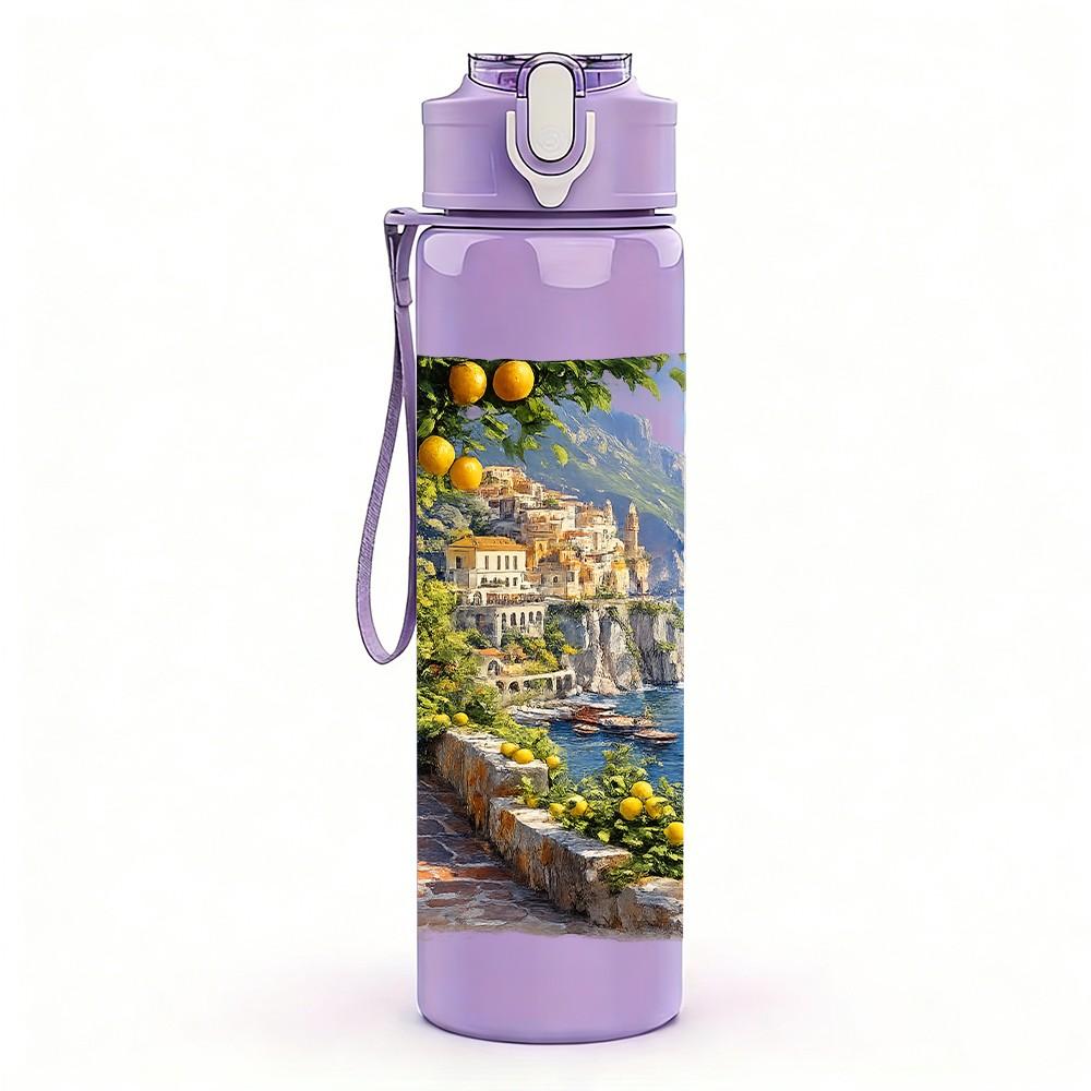 1PC Mountain Village Coast Landscape Print 750ml Color Plastic Sports Water Bottle Leakproof Flip Straw Lid Suitable for Sports Office Home Use