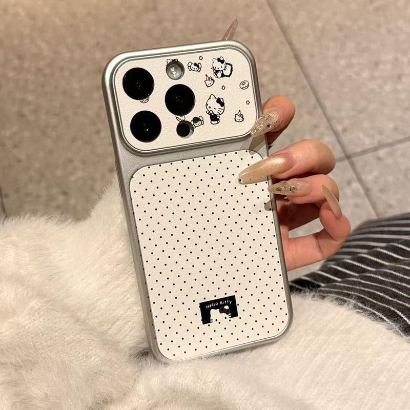 Lambskin Polka Dot Kt Cat Apple 17promax Mobile Phone Case iPhone16 All-inclusive 15pro Large Window Mirror