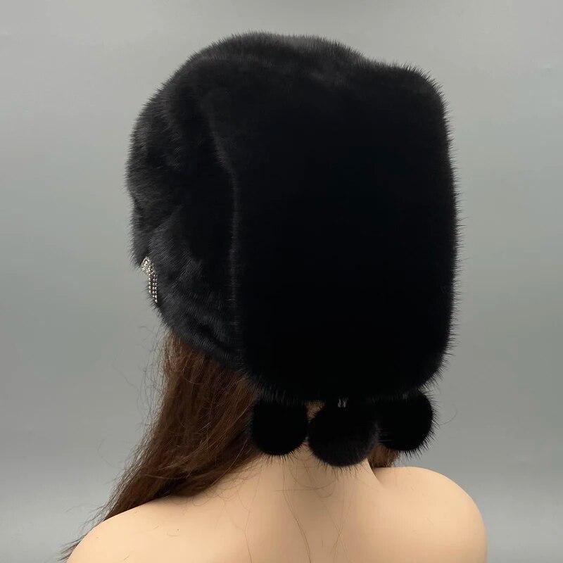 Chapéu de pele de vison natural para mulheres, chapéus quentes de inverno com bolas, chapéu preto luxuoso de natal, cabeça ajustável, tamanho 55-62cm