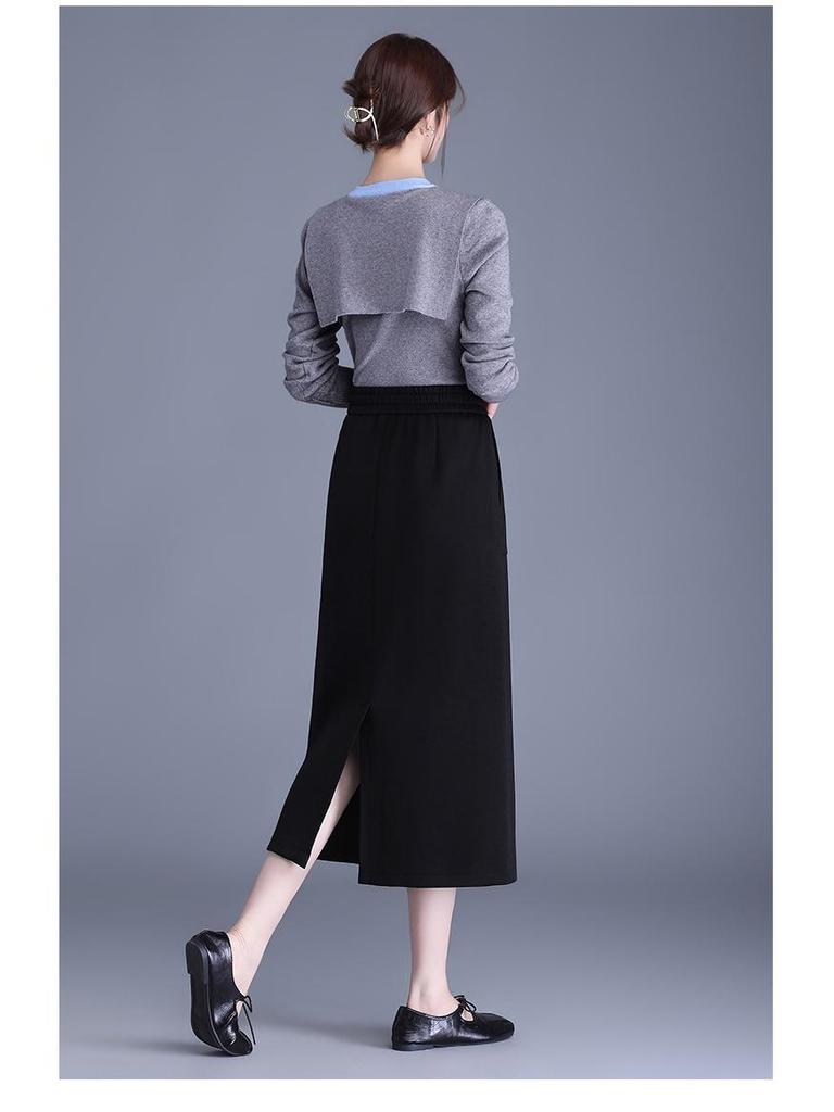 Slimming Draped Black Midi Skirt - Spring/Summer 2026 Collection, Elastic Waist, Casual Fit