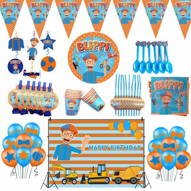 Birthday Party Blippi Supplies Paper Cups Plates Banner Straw Kids Balloon Decor
