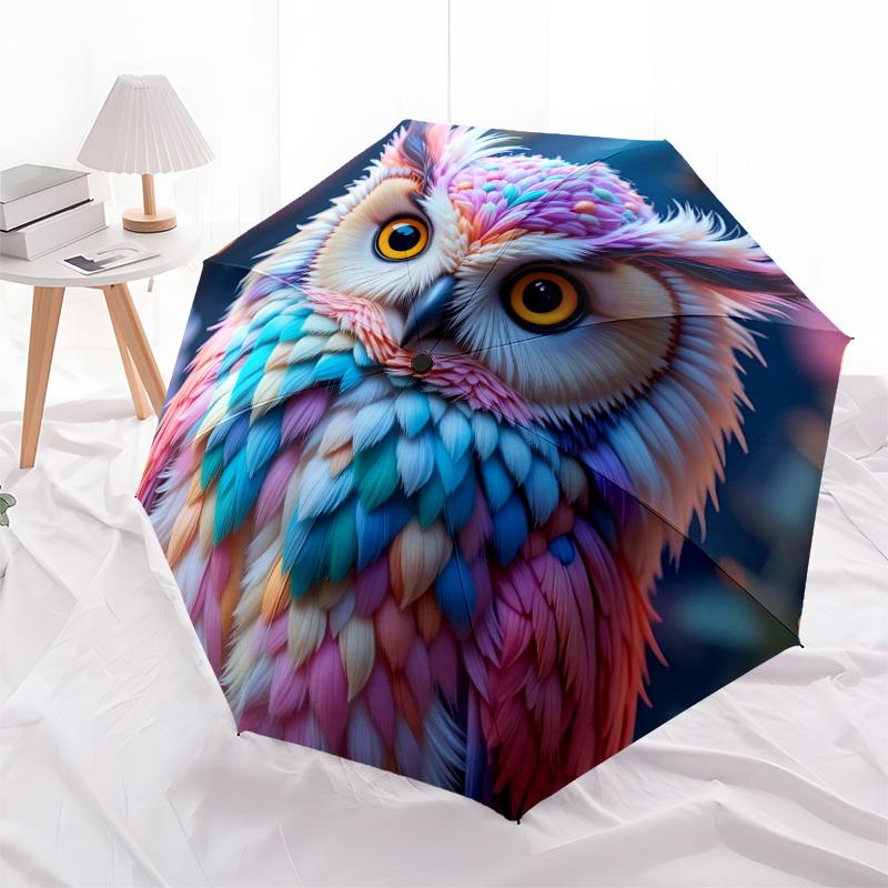 1 pz Ombrello Pieghevole Automatico Gufo Colorato   Compatto Design a 8 Stecche, Telaio in Ferro Resistente per Viaggio, Esterno,  a0920105