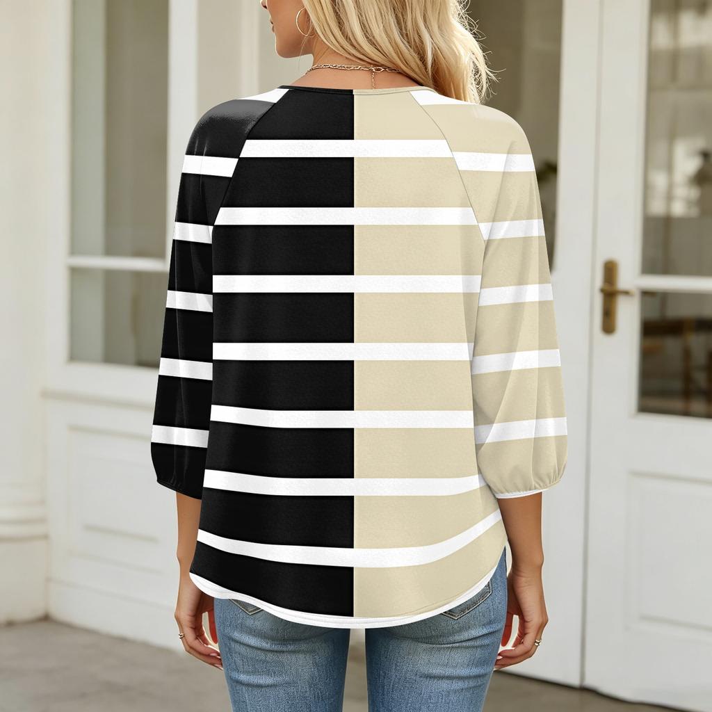 Women Geometric Print 3/4 Sleeve Round Neck Pleated Casual Loose Fit T-Shirt Top for Daily Wear