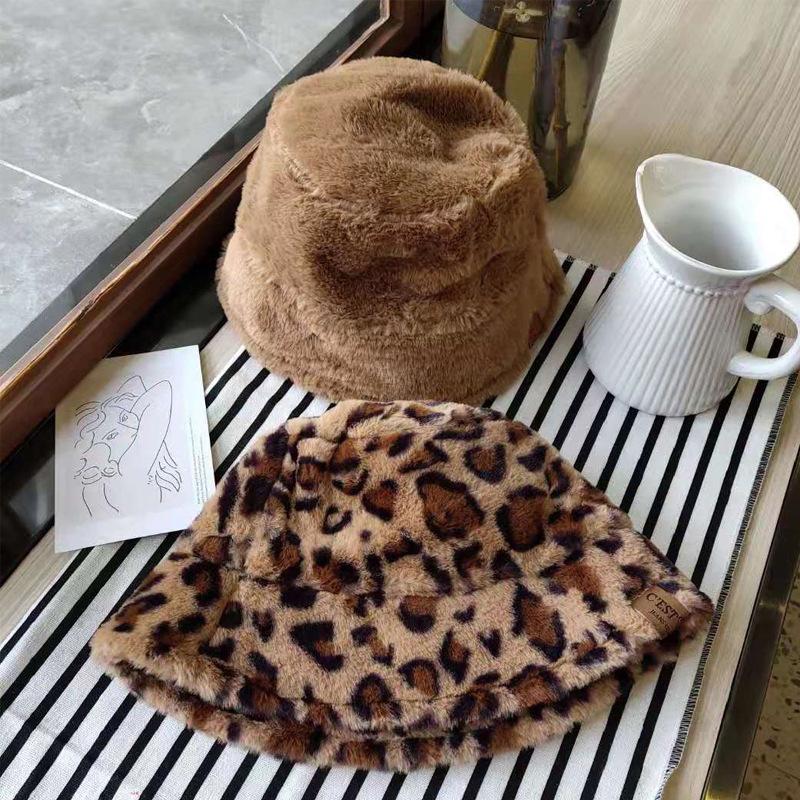 Hat female autumn and winter sweet and cute imitation fur barrel leopard print plush fisherman warm thickened basin hat tide