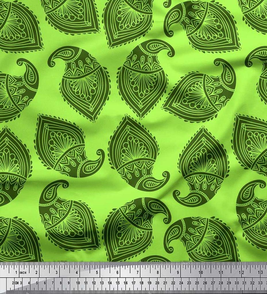 Soimoi Blue Japan Crepe Satin Fabric Green Paisley Printed Craft Fabric by the metre 42 Inch