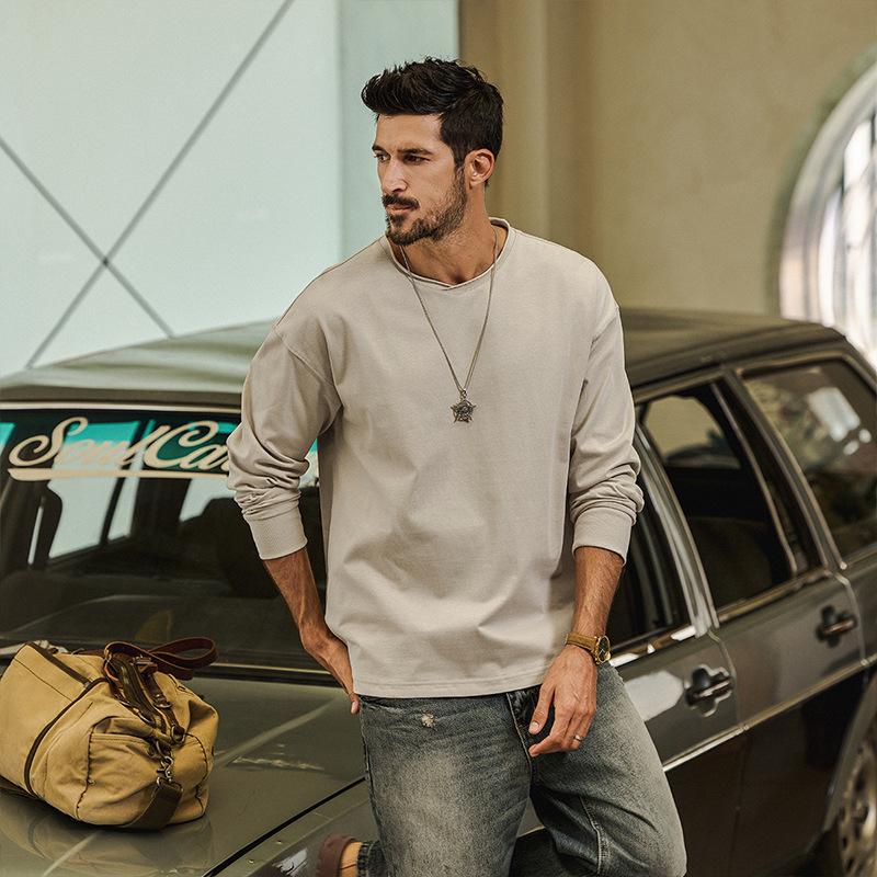 Men 100 Cotton Loose Long Sleeve Round Neck Casual Solid Vintage T Shirt