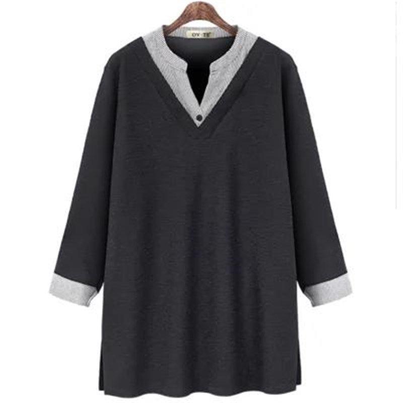 

2023 Spring Women Blouse Contrast Color Fake Two Long Sleeve black XXL