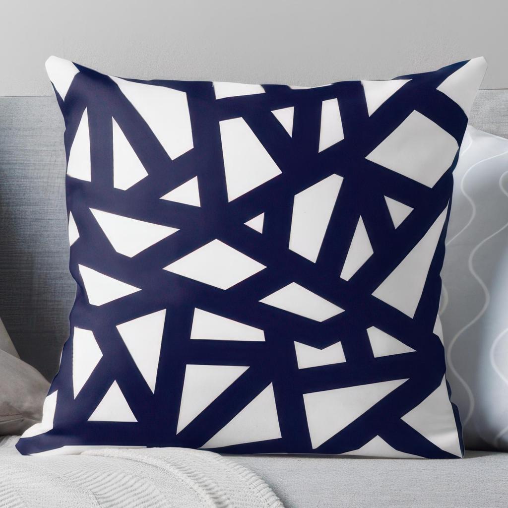 Navy blue white pillowcase with bold mosaic stripes, polyester fabric, machine washable, pillow insert not included.