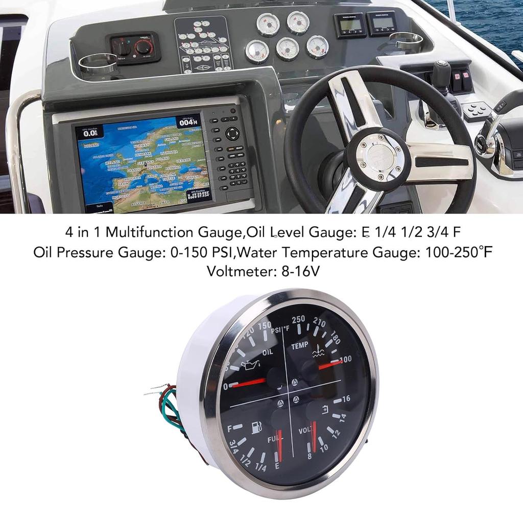 110mm 4 3/8in 4 in 1 Multifunction Gauge DC 12V 0-150PSI Oil Pressure Fuel Level 100-250℉ Water Temp 8-16V Voltmeter for RV Boat Truck (Black Dial