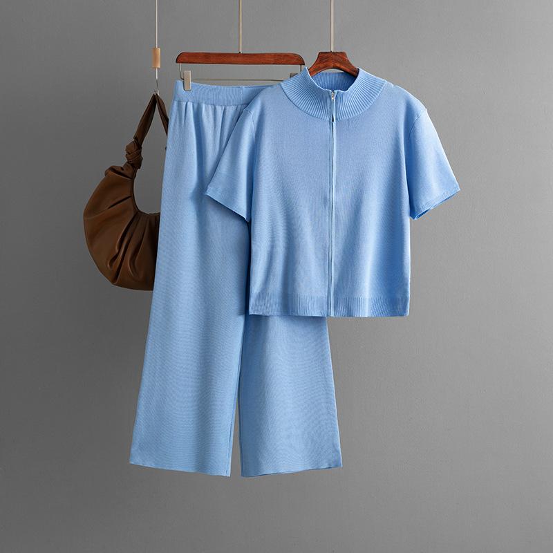 Fashionable Semi-high Neck Solid Color Short-sleeved Zipper Set, Wide-leg Pants Two-piece Set for Women