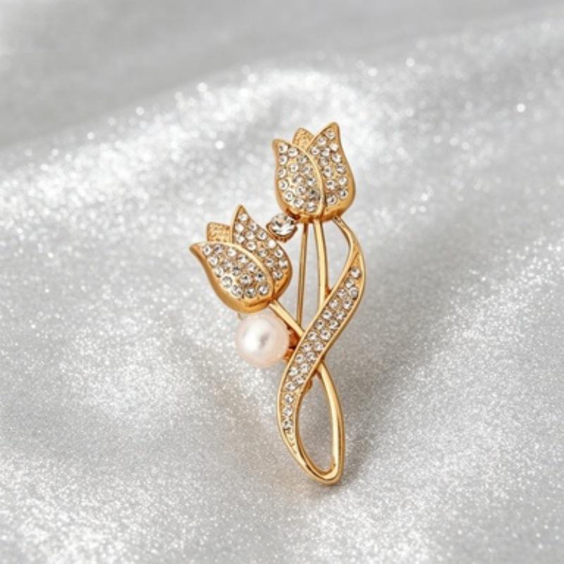 Elegant Tulip Brooch with Imitation Pearl & Rhinestones - Ideal Suit Lapel Pin Accessory