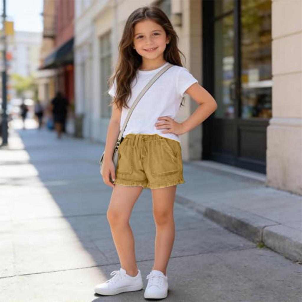 Girls Elastic Waist Casual High Waist Drawstring Shorts with Frayed Hem and Front Pockets Lightweight Soft Fabric Summer Bottoms