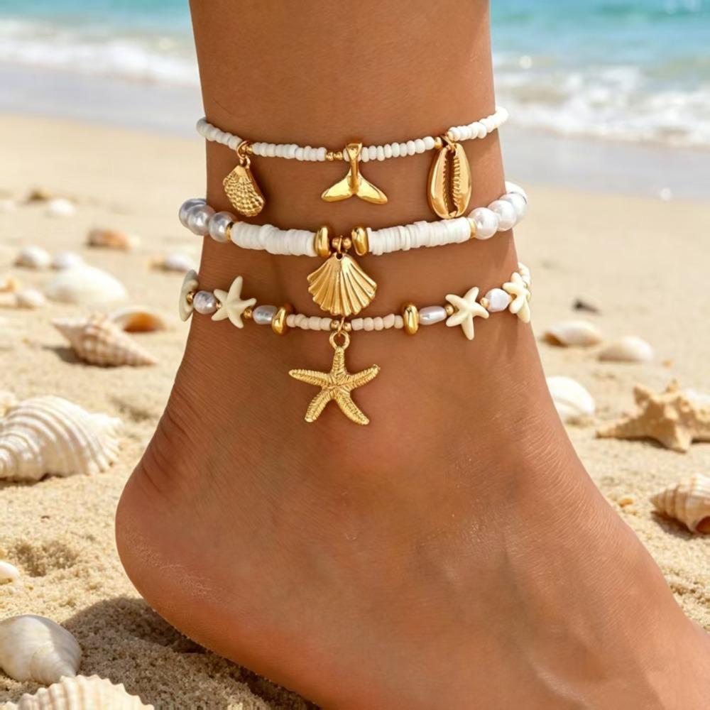 3pcs Set Creative Retro Starfish Conch Imitation Pearl Shell Beaded Stackable Anklets for Women Bohemian Vacation Jewelry Gifts